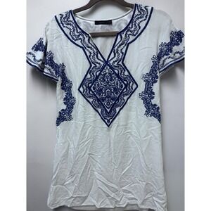 Boutique THML Embroidered Tunic Lined Dress In Blue And White Women's Size Small